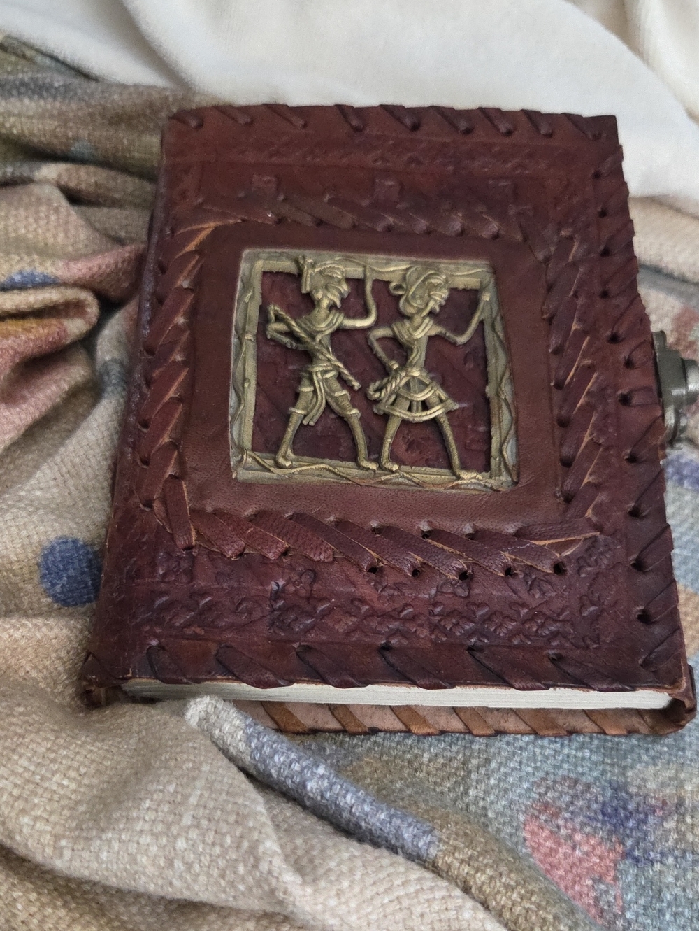 Leather journal with embossed metal decorative plate, handmade bound notebook